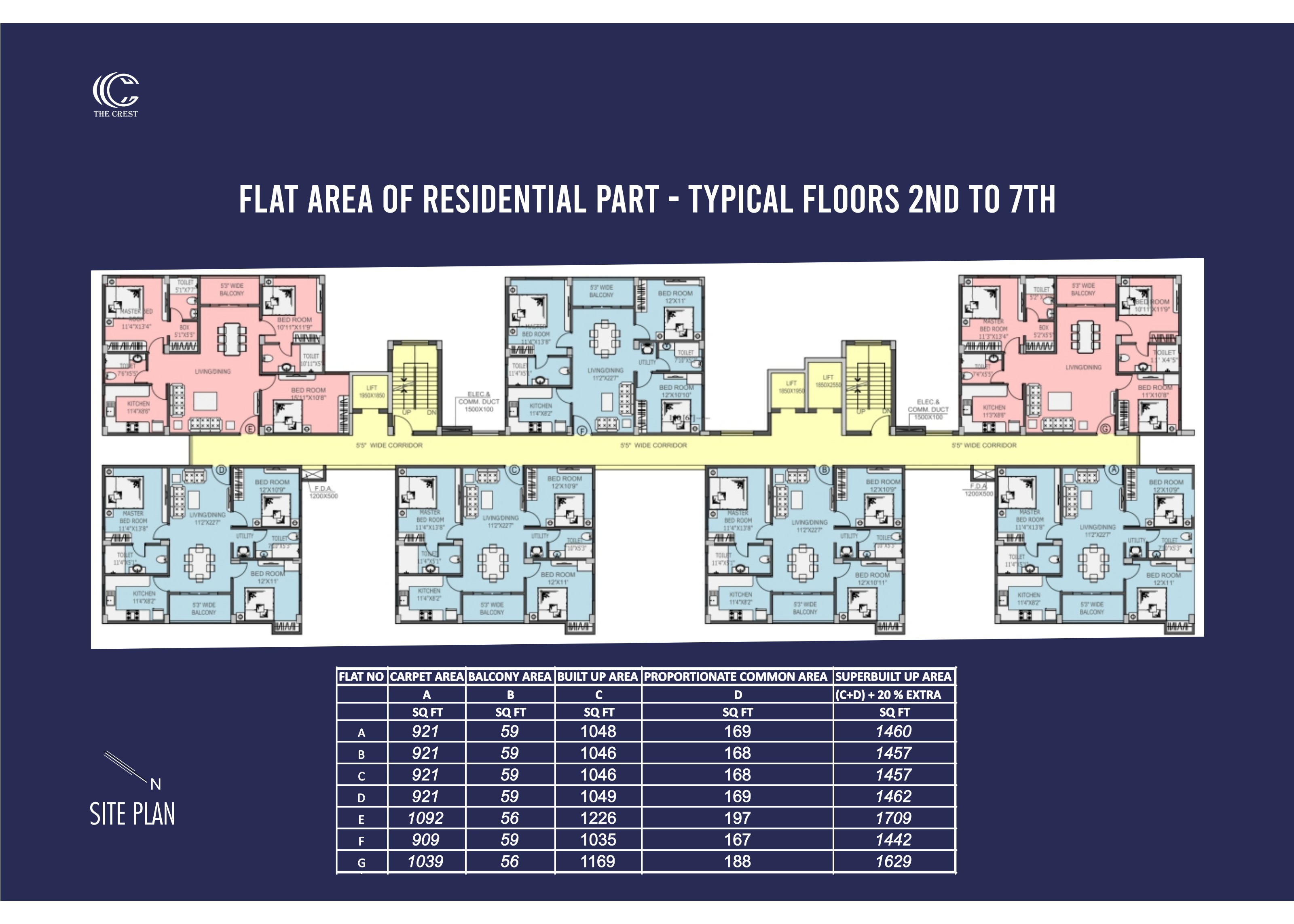 Typical residential floor plan at The Crest showing flats A to G