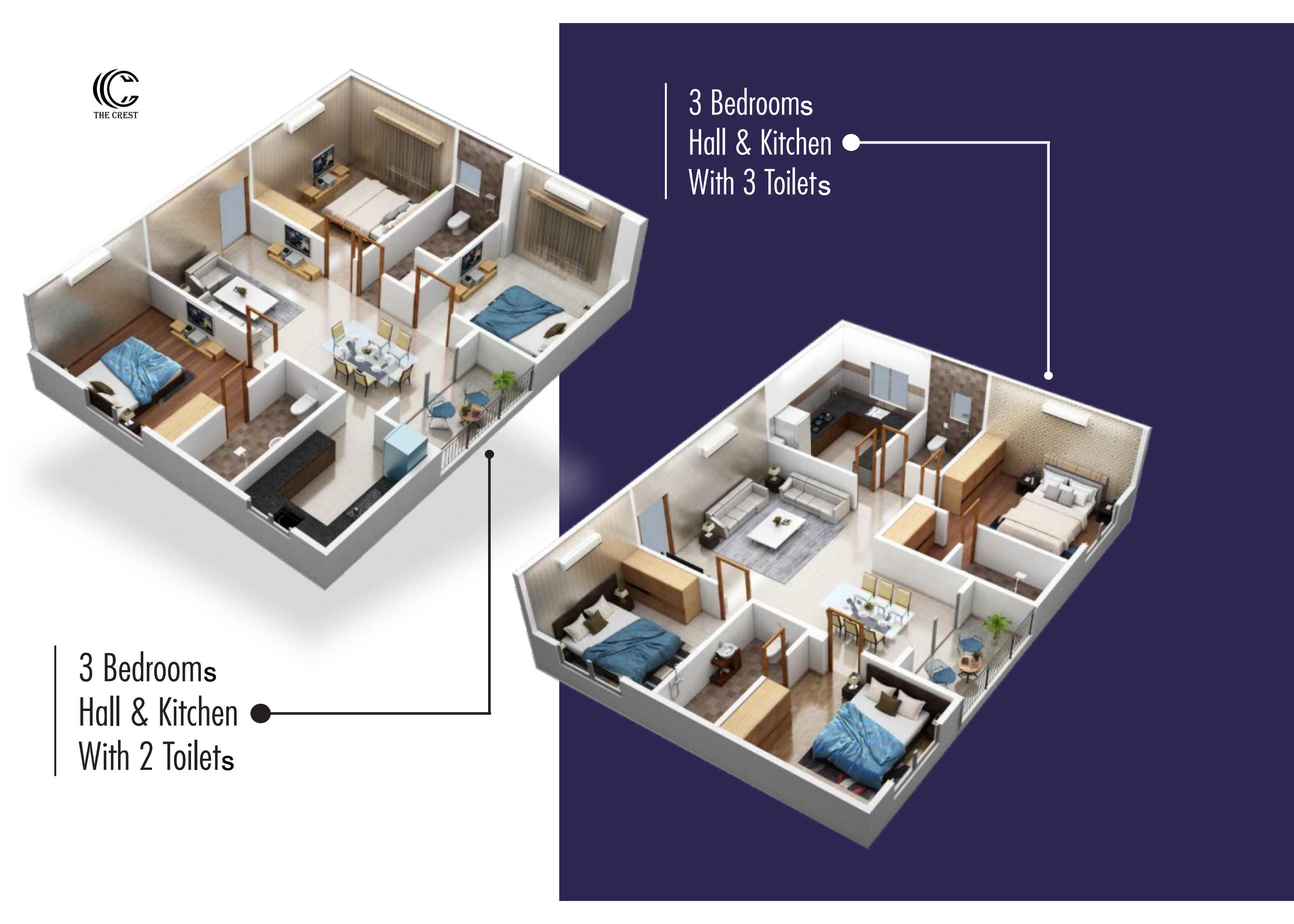 3 BHK with 3 toilets at The Crest — 3 Bedrooms, Hall & Kitchen