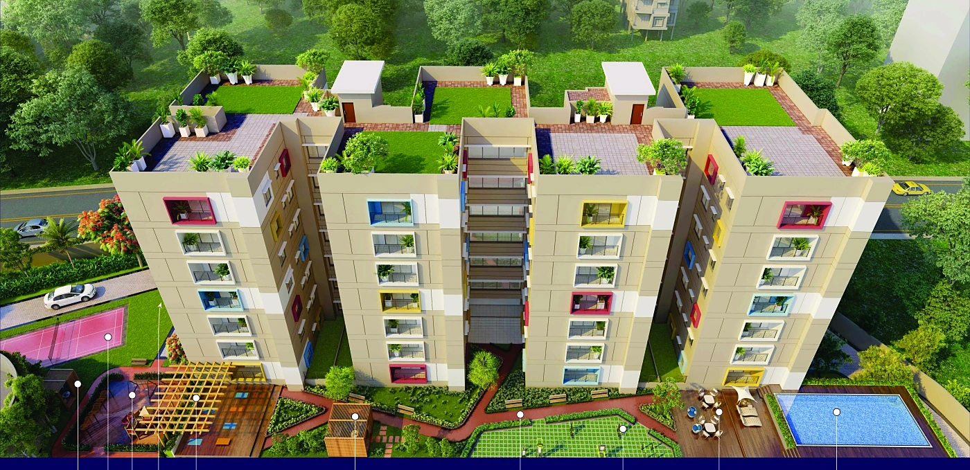 Aerial render of The Crest residential blocks with rooftop greens