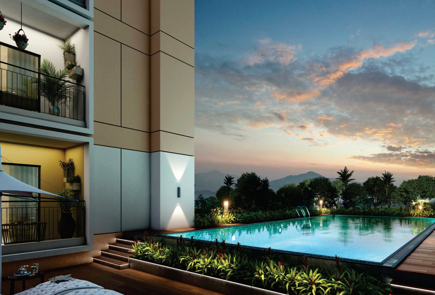 Swimming pool and party deck at The Crest, Siliguri