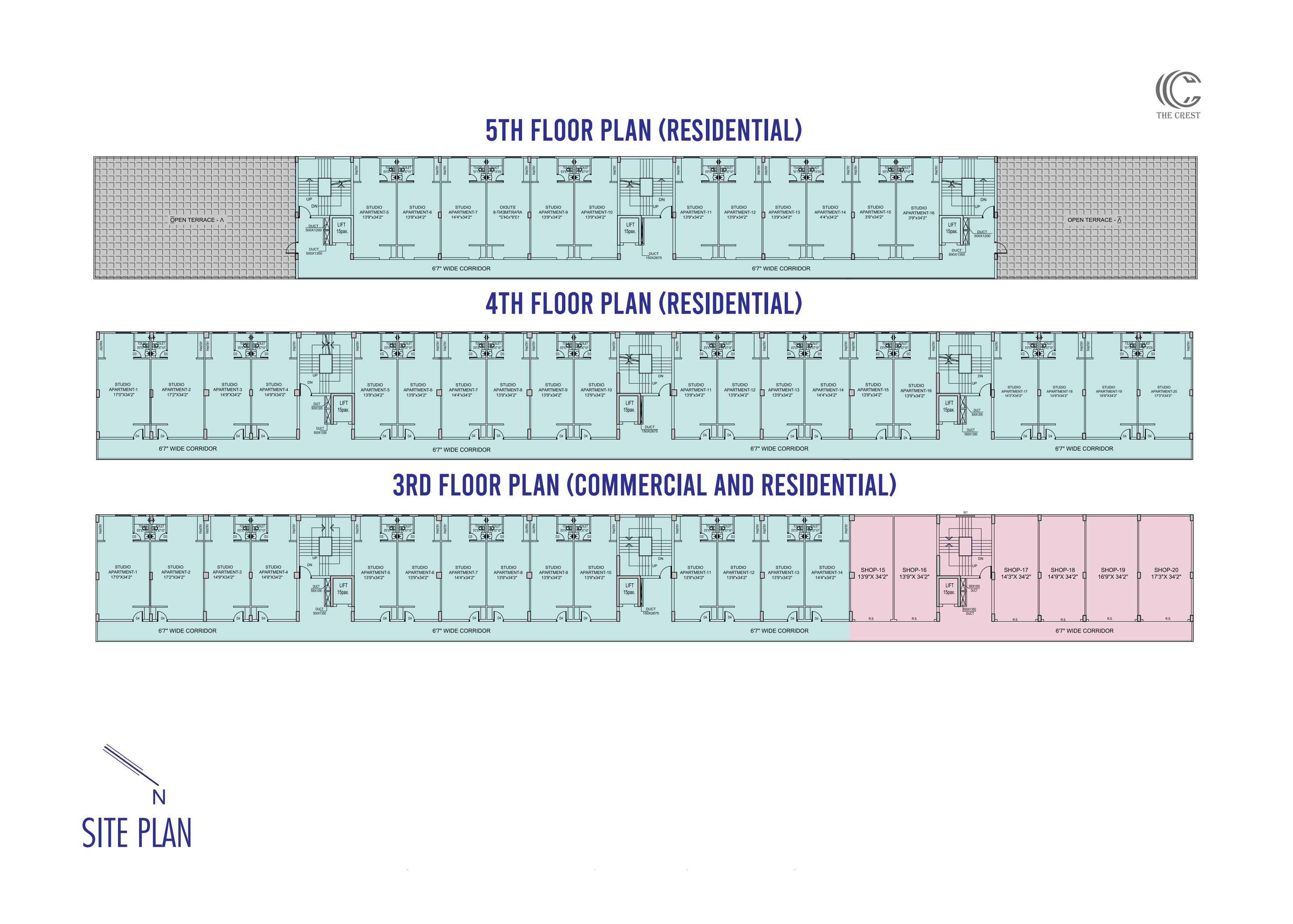 3rd, 4th and 5th floor plans for The Crest showing shops and residential corridors