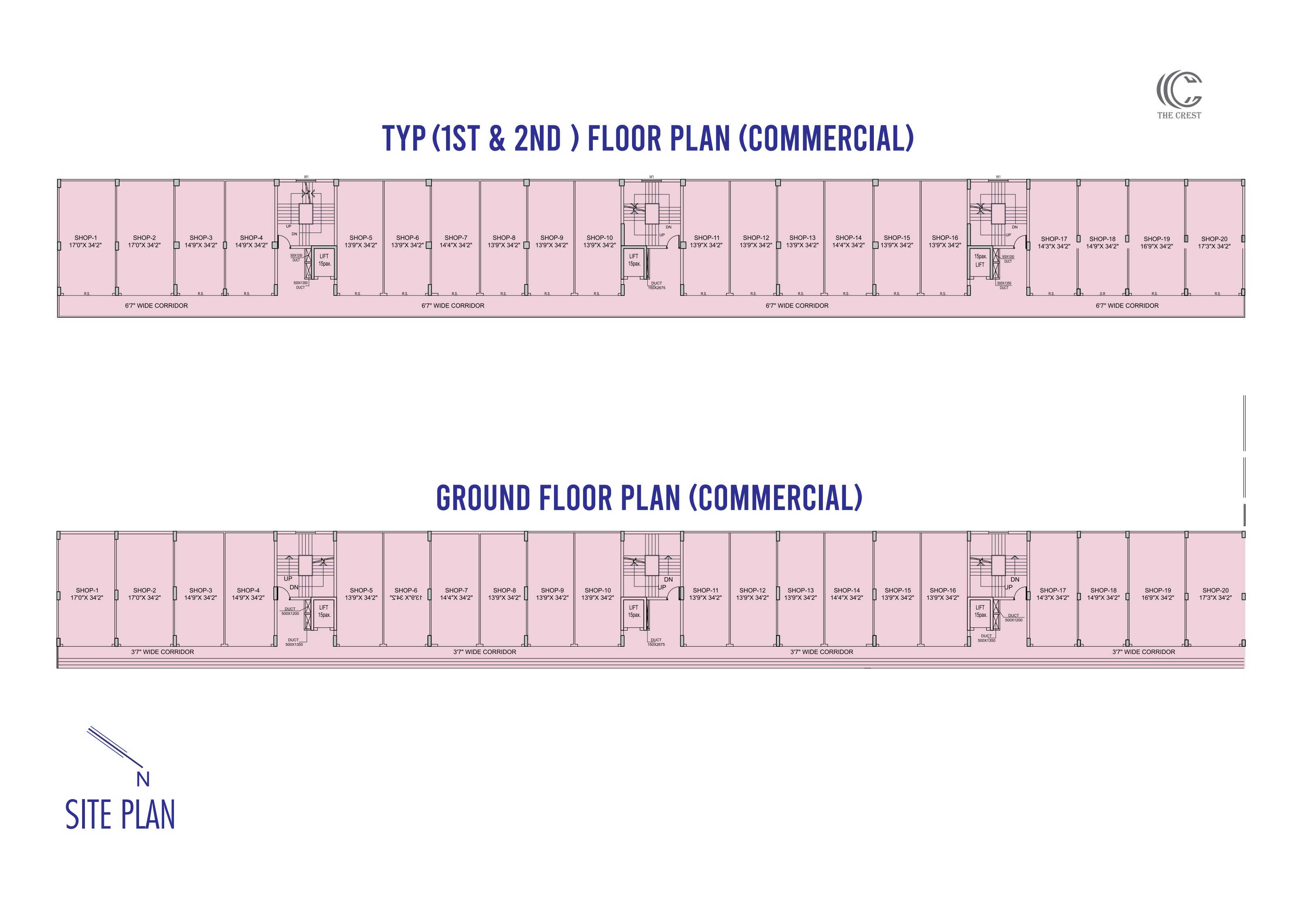 Ground floor and typical 1st and 2nd floor commercial plans for The Crest, Siliguri