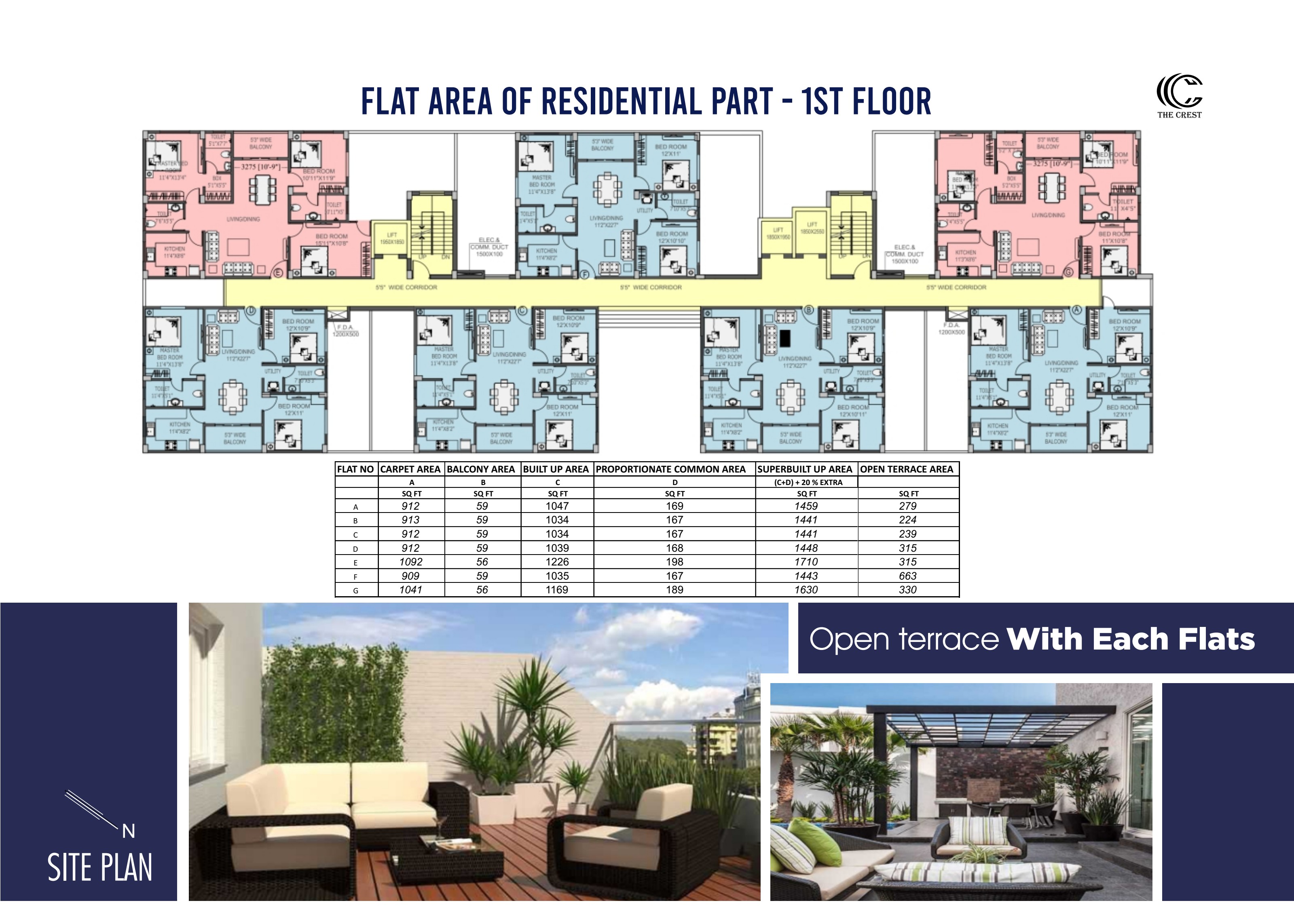 Floor plan of the first residential floor at The Crest with flats A to G and open terraces