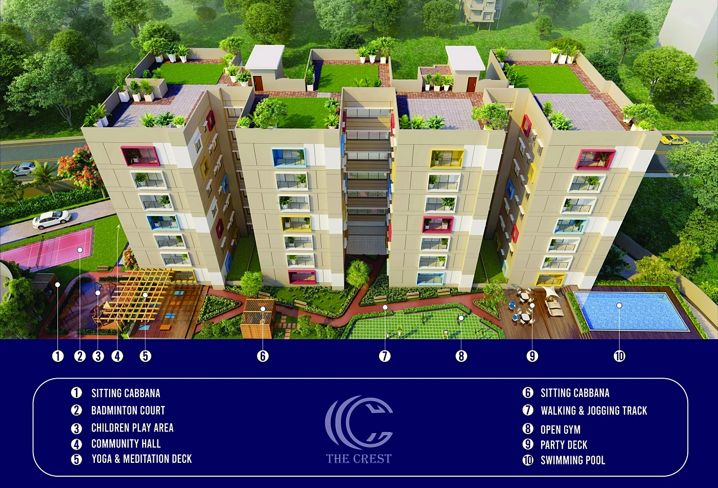 Site plan render of The Crest showing the pool, badminton court, play area and decks