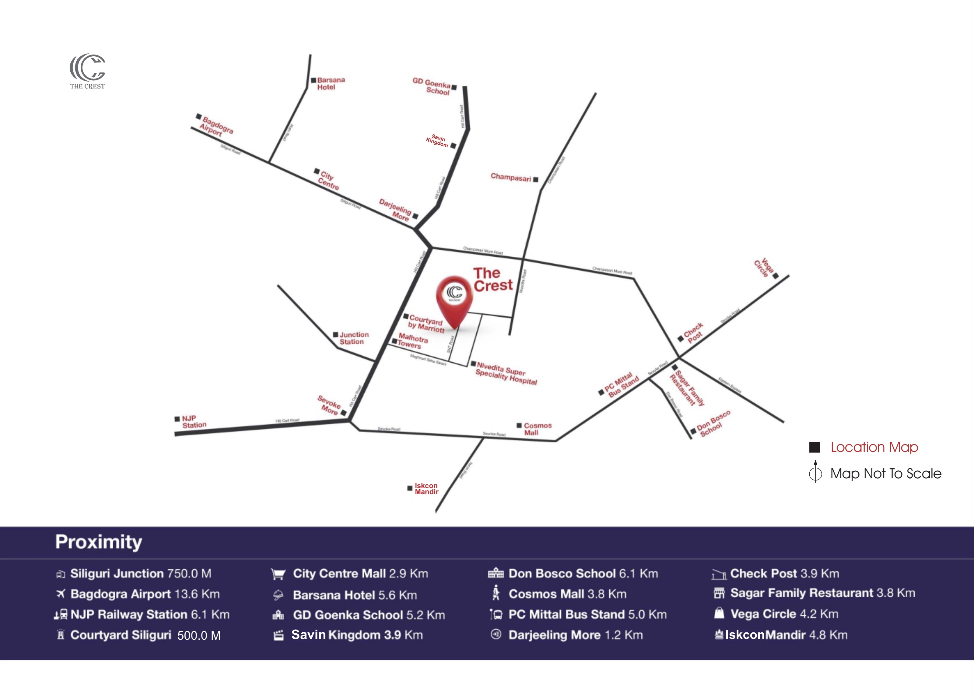 Location map of The Crest on SNT Road, Siliguri, with nearby landmarks